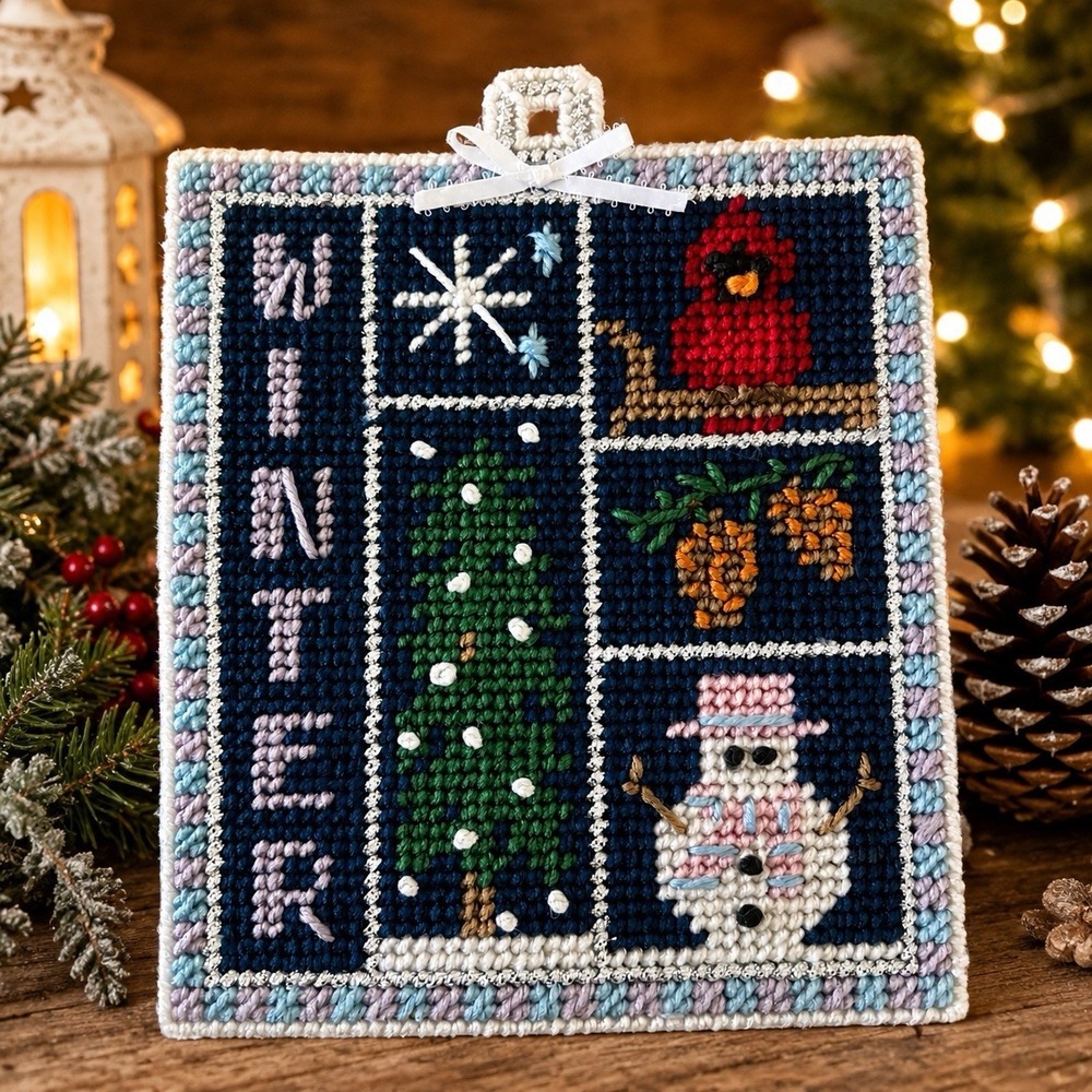Vintage Handmade Needlepoint Winter Wall Hanging Cardinal Snowman Christmas 8x8